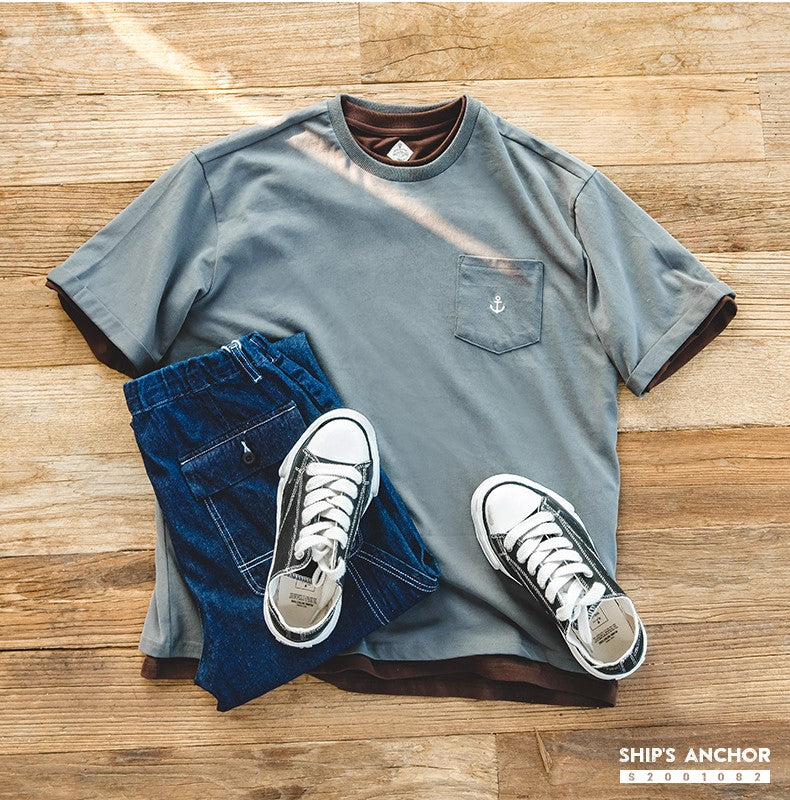胸ポケットのアンカー刺繍がポイントに◆コットン100%ポケット5分丈Tシャツ◆S~2XL