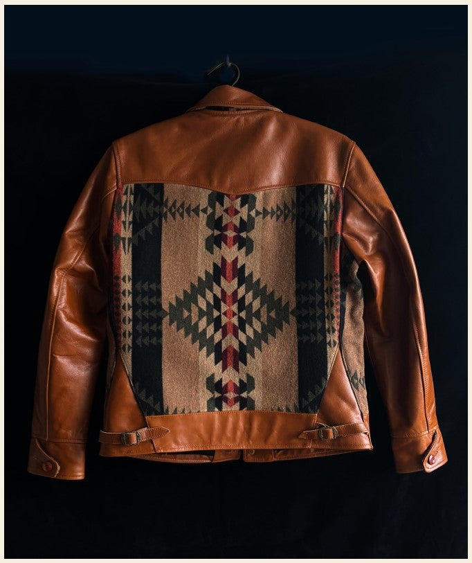 ◇ヴィンテージ復刻ナバホ柄ブランケット切り替えレザージャケット◇S~3XL