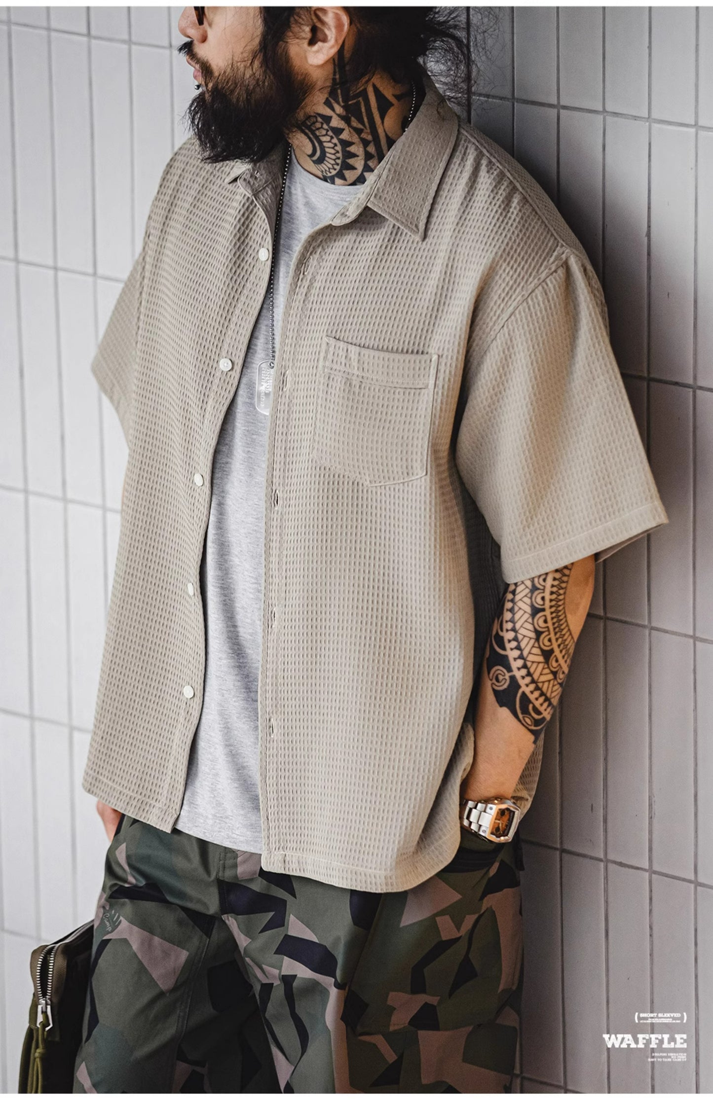 ★ゆったりシルエット ワッフル地 リラックスシャツ★S~2XL