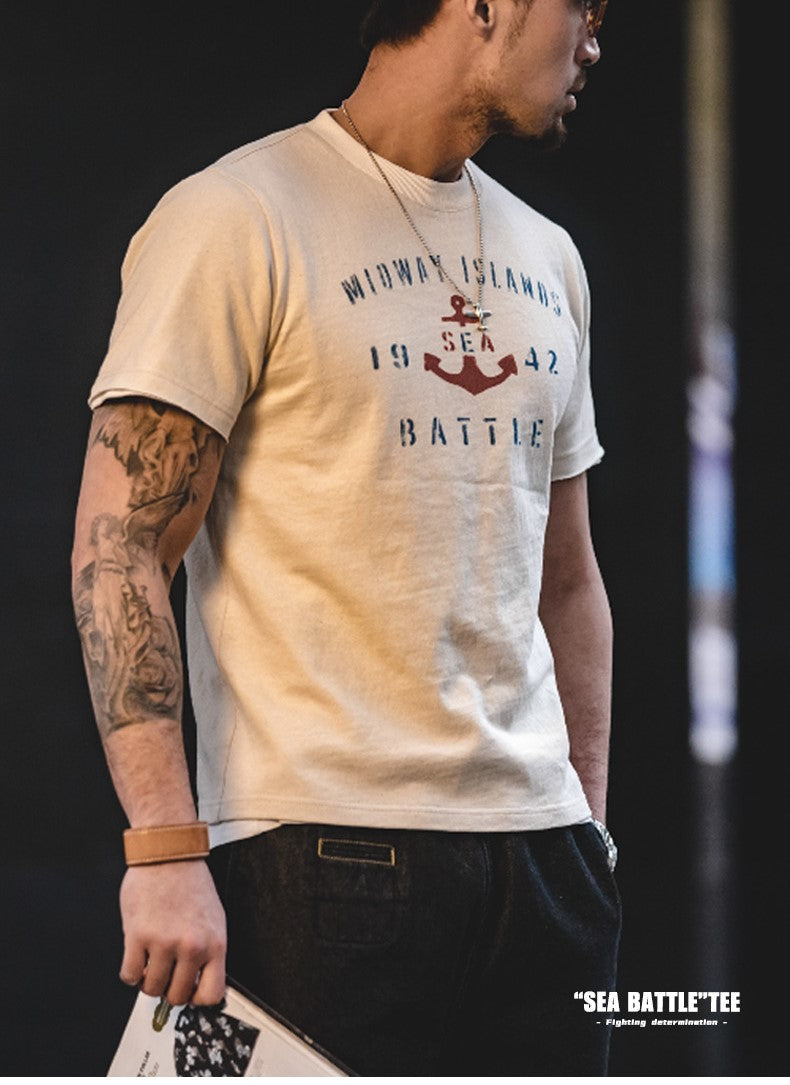 ヴィンテージ感あるコットンの風合いも◎◆ハーフスリーブ SEE BATTLEプリント Tシャツ◆S~2XL