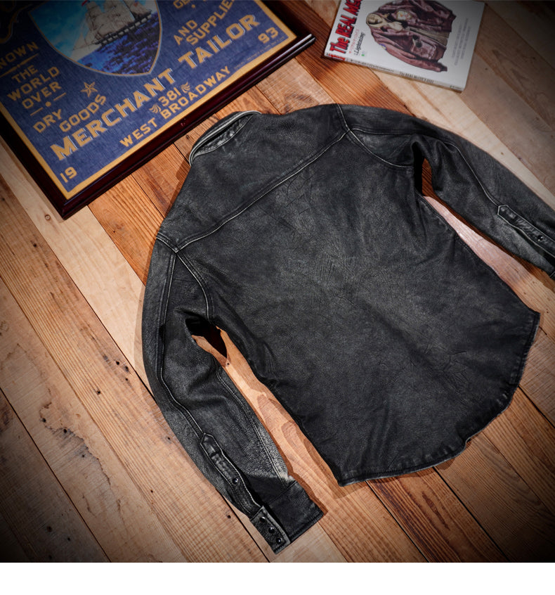 ヘビーウォッシュ加工★ゴートレザーウエスタンシャツ★S~4XL
