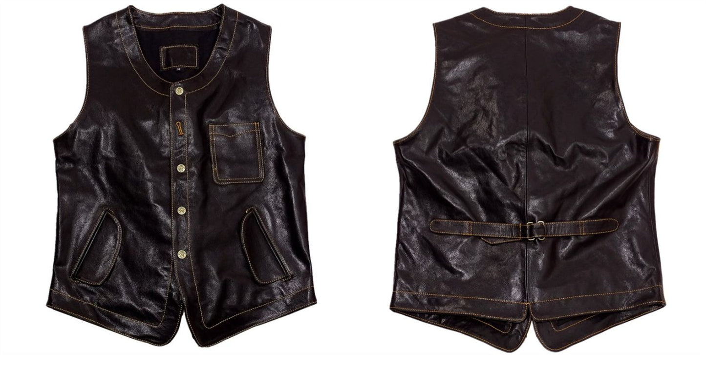 植物タンニン鞣し カウレザー ライダース レザーベスト S~3XL