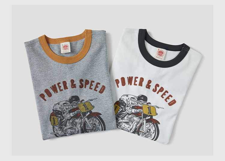 2色展開◆色味、プリントの雰囲気もGOOD◆ヴィンテージ復刻 POWER&SPEEDバイクTシャツ◆S~2XL