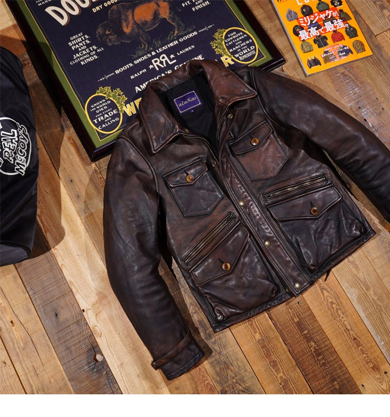 ヴィンテージ加工 ホースハイドレザー ハンティングジャケット M~4XL