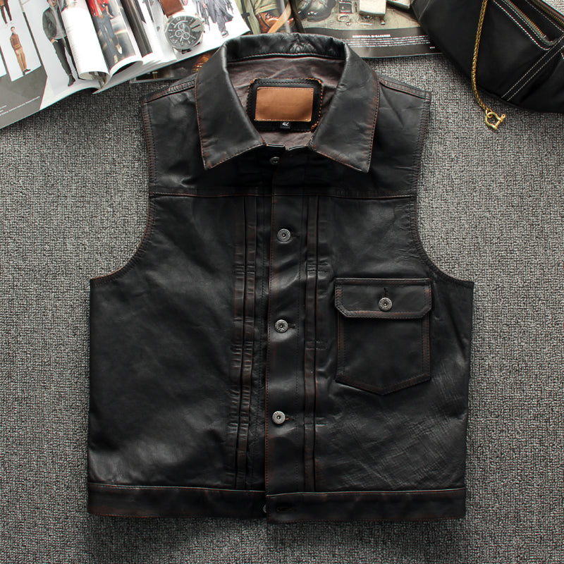 茶芯ホースハイドレザー ライダースレザーベスト M~4XL