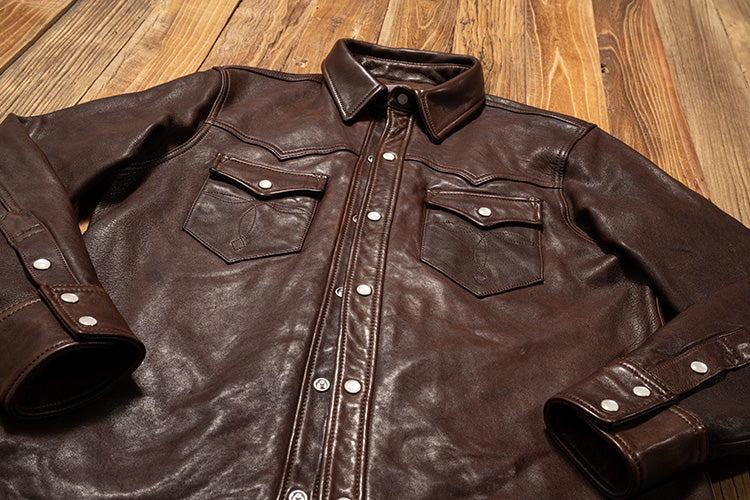 植物タンニン鞣し ウォッシュ加工 シープレザー ウエスタンシャツ★M~3XL