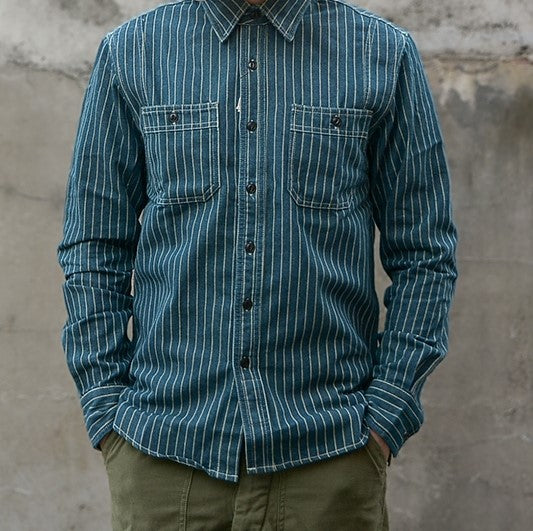 △WABASH(鉄道員)ストライプデニム シャツ▽S~3XL
