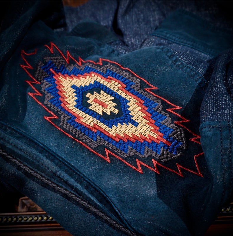 ★インディゴカラー ナバホ刺繍 シープスキン スウェードウエスタンシャツ★S~3XL