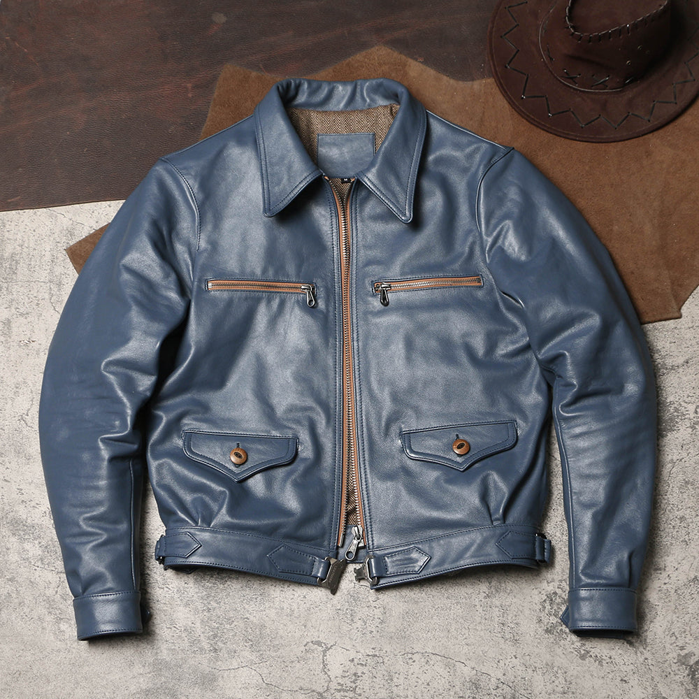 絶妙な色味のブルー◇ドイツ空軍復刻 エーリヒ・ハルトマン モデル カウレザージャケット◇M~4XL