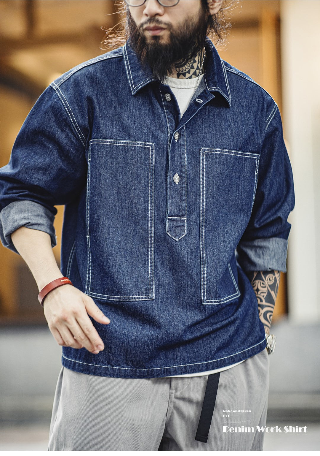 ★ヴィンテージ30s US ARMY M-35 復刻 9ozデニム ポケットワークシャツ★S~2XL