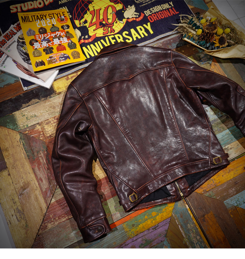 ◆70’s ヴィンテージ復刻 植物タンニンなめし茶芯カウレザー シングルライダース ジャケット◆S~4XL