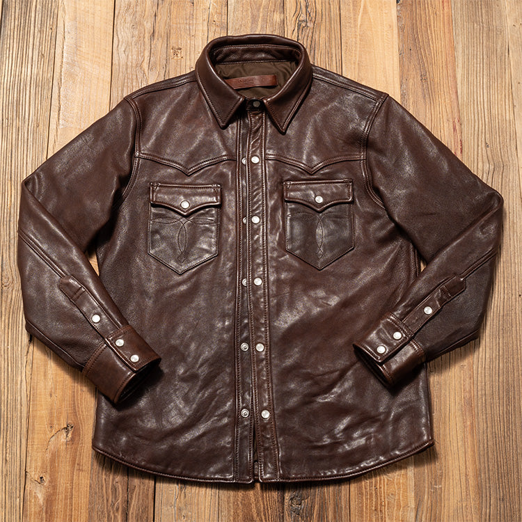 植物タンニン鞣し ウォッシュ加工 シープレザー ウエスタンシャツ★M~3XL
