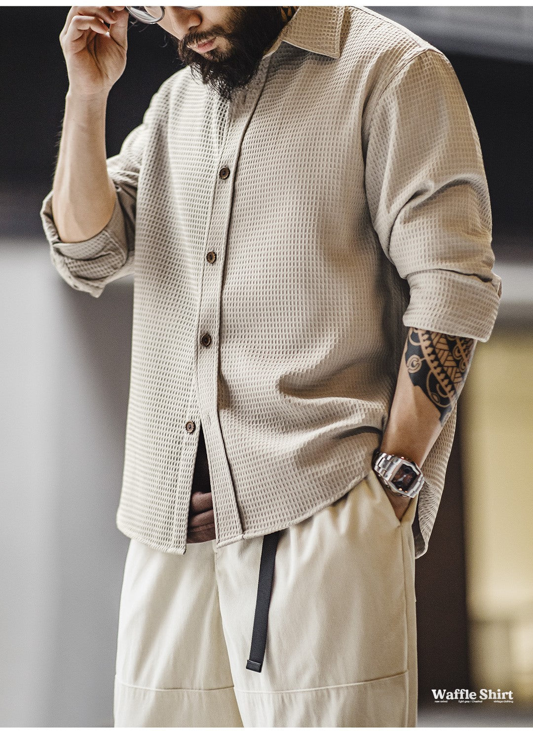 表情豊かなテクスチャー◆ワッフル地 リラックスシャツ◆M~2XL