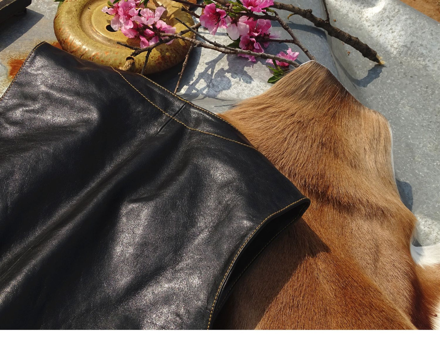 植物タンニン鞣し カウレザー ライダース レザーベスト S~3XL