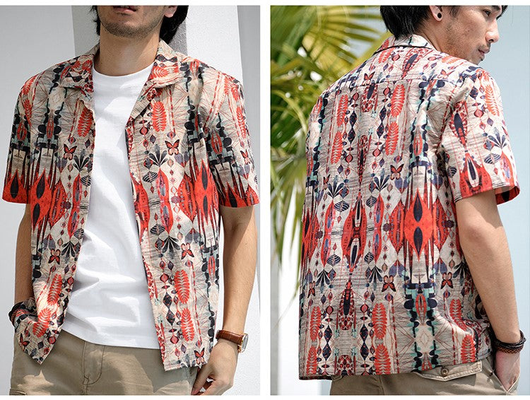 △ヴィンテージ復刻 ハワイアンプリント幾何学×バタフライ柄 アロハシャツ▽M~2XL