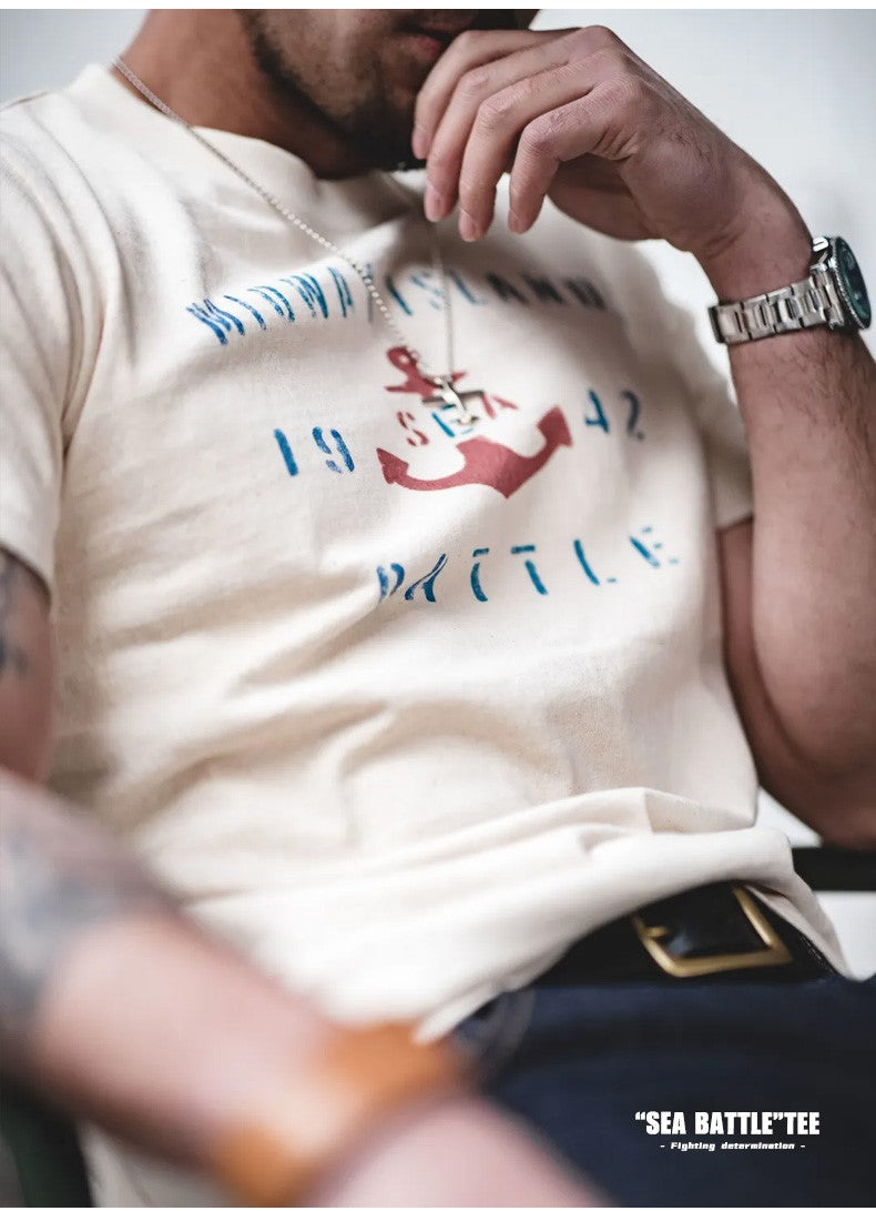 ヴィンテージ感あるコットンの風合いも◎◆ハーフスリーブ SEE BATTLEプリント Tシャツ◆S~2XL