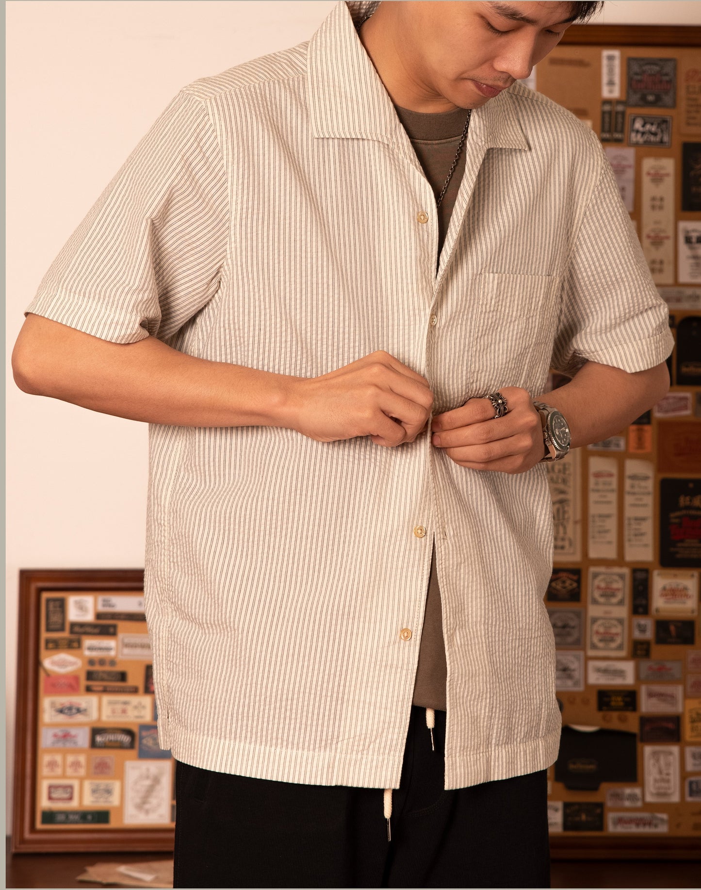 △ヴィンテージ復刻 コットンストライプ 半袖 イタリアンカラーシャツ▽S~3XL