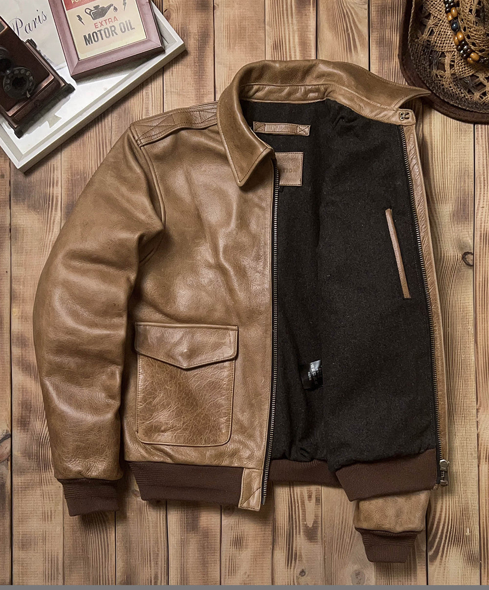 1.7mm極厚◇◇ヴィンテージ復刻 オイルフィニッシュカウレザーA-2ジャケット◇◇M~5XL