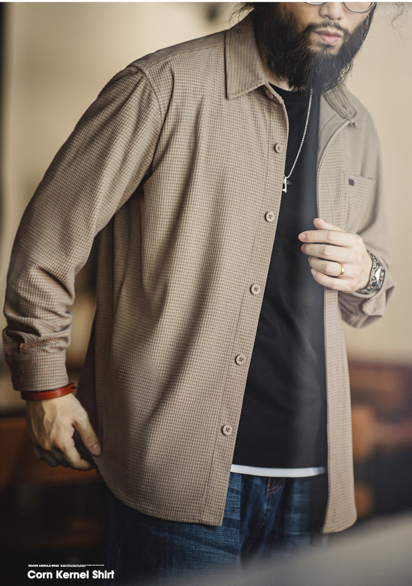 表情豊かなテクスチャー★ワッフル地 リラックスワークシャツ★M~2XL