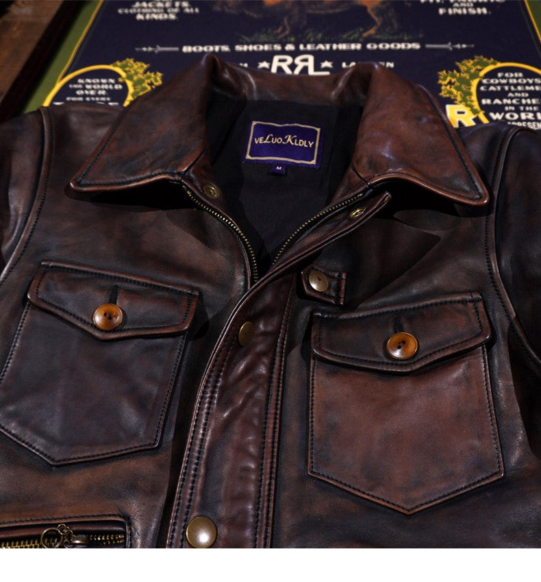 ヴィンテージ加工 ホースハイドレザー ハンティングジャケット M~4XL