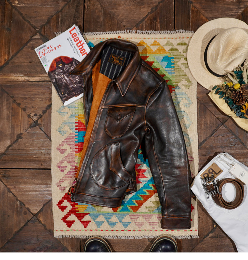 70’s ヴィンテージ復刻 植物タンニンなめし茶芯 カウレザー シングルライダース ジャケット S~4XL