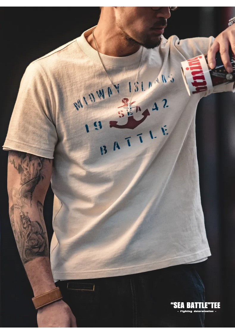 ヴィンテージ感あるコットンの風合いも◎◆ハーフスリーブ SEE BATTLEプリント Tシャツ◆S~2XL