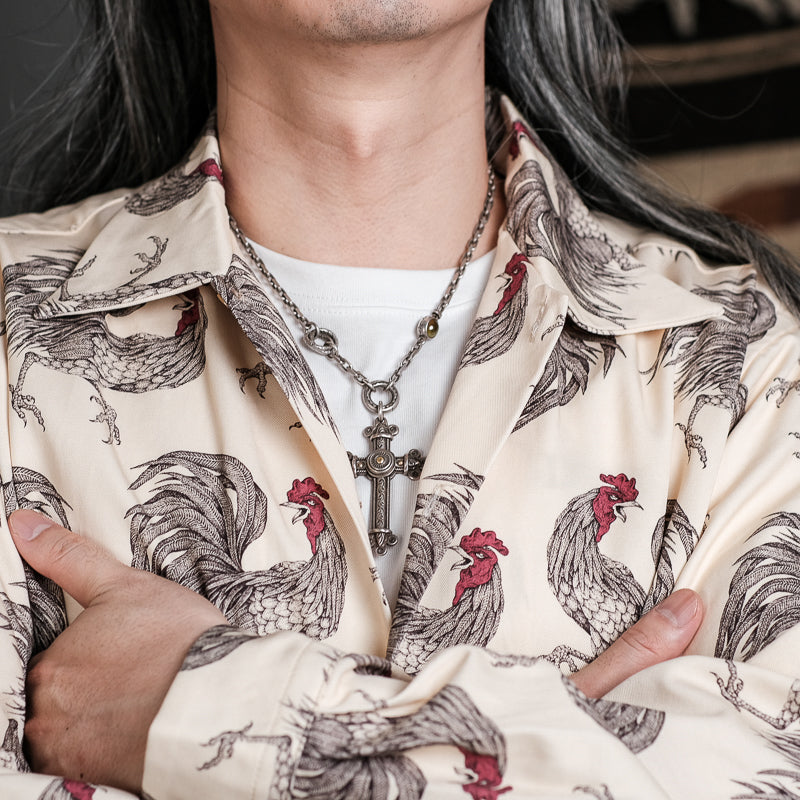 2色展開◆鶏柄がクール◆ヴィンテージ復刻 色気のある テンセル×コットン柄シャツ◆S~XL