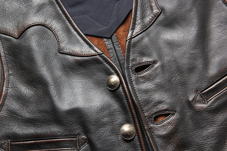 ウォッシュ加工★カウレザーウエスタン ベスト★M~6XL