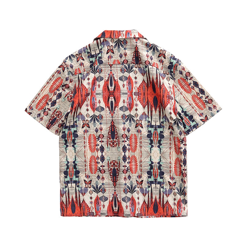 △ヴィンテージ復刻 ハワイアンプリント幾何学×バタフライ柄 アロハシャツ▽M~2XL