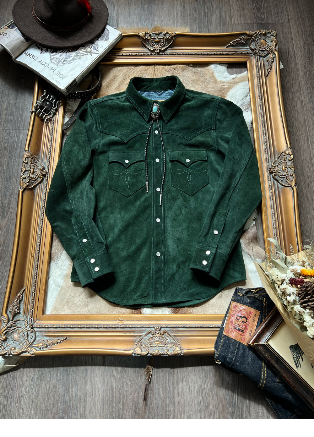 2色展開★カウレザー スウェード刺繍ウエスタンシャツ★S~3XL
