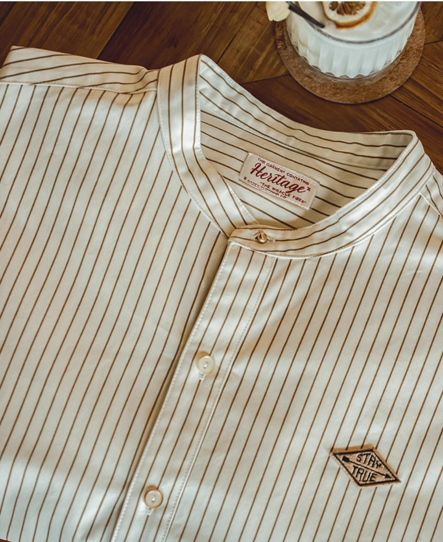 ★程良いゆったり感★今年も気分のバンドカラーピンストライプコットンシャツ★S~2XL