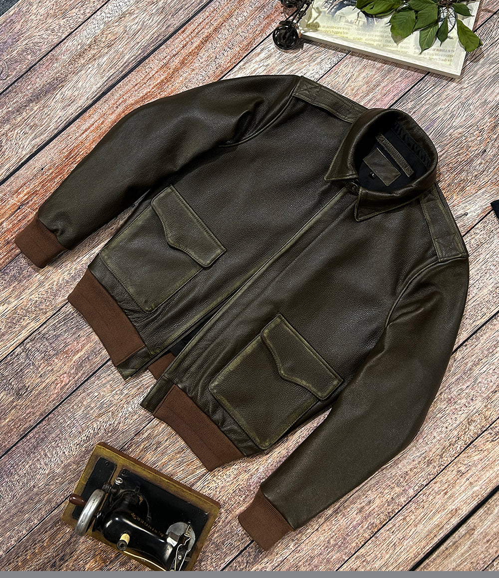 ◇絶妙なヴィンテージ加工◇茶芯カウレザー A-2 フライトジャケット◇M~5XL
