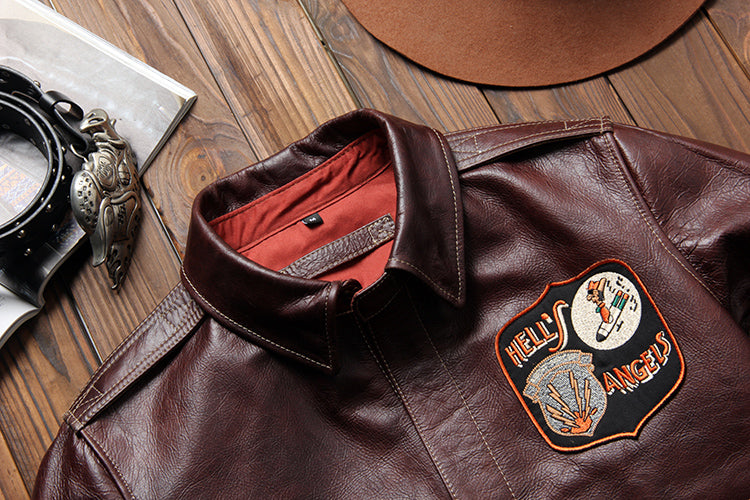 1点のみスペシャルSALE◆Lサイズ☆ヴィンテージ復刻 ワックスコーティング カウレザー A-2ジャケット☆Hell's Angels デザイン