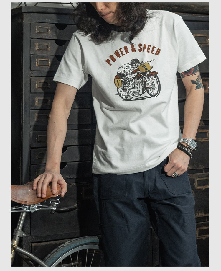 2色展開◆色味、プリントの雰囲気もGOOD◆ヴィンテージ復刻 POWER&SPEEDバイクTシャツ◆S~2XL