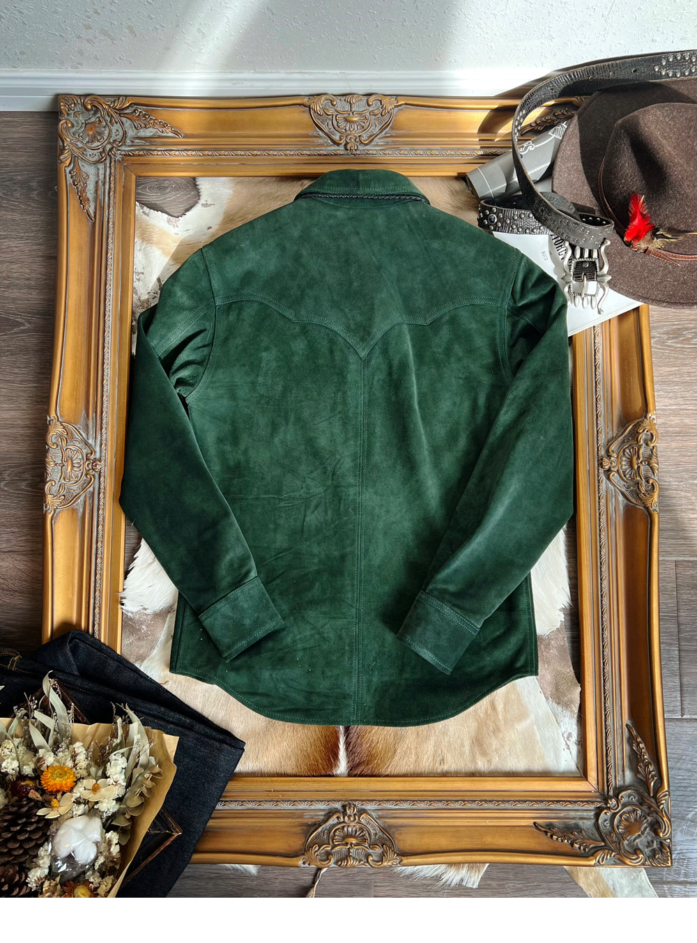2色展開★カウレザー スウェード刺繍ウエスタンシャツ★S~3XL
