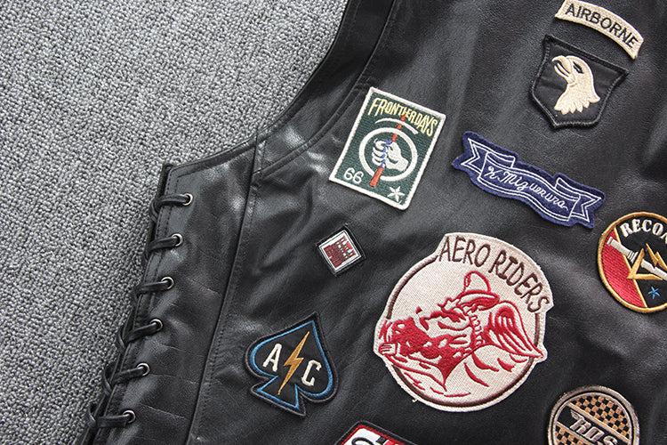 カウレザー ワッペン&編み上げデザイン ライダースベスト S~4XL