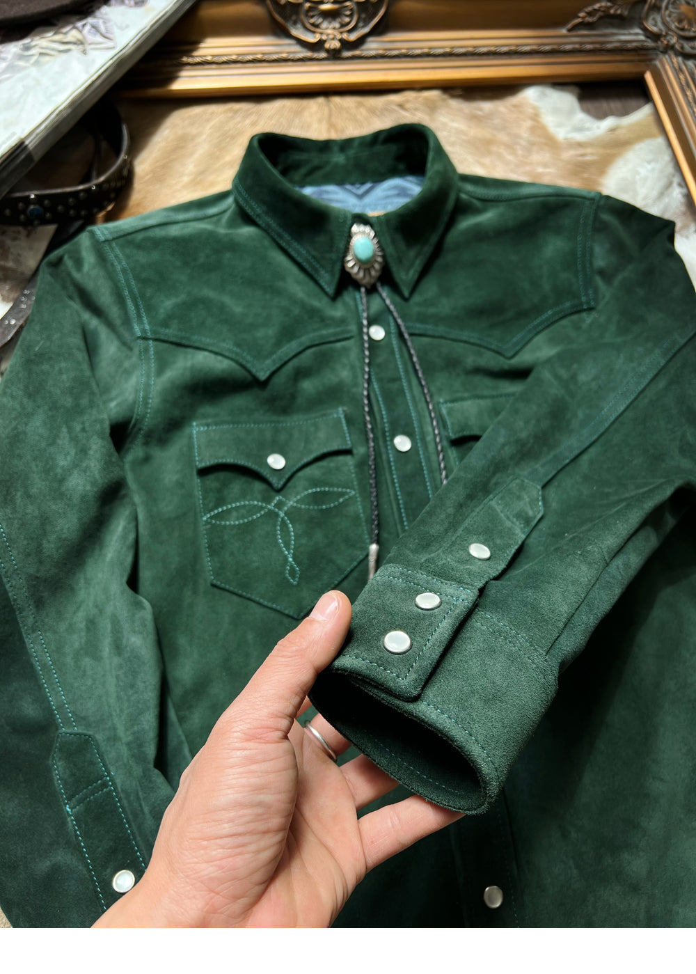 2色展開★カウレザー スウェード刺繍ウエスタンシャツ★S~3XL