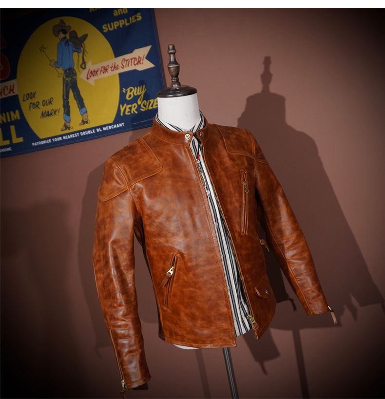 ワックス加工ホースレザー シングルライダースジャケット S~4XL