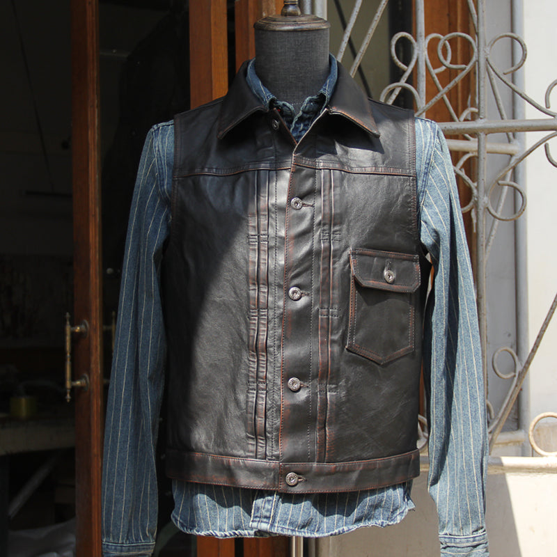 茶芯ホースハイドレザー ライダースレザーベスト M~4XL