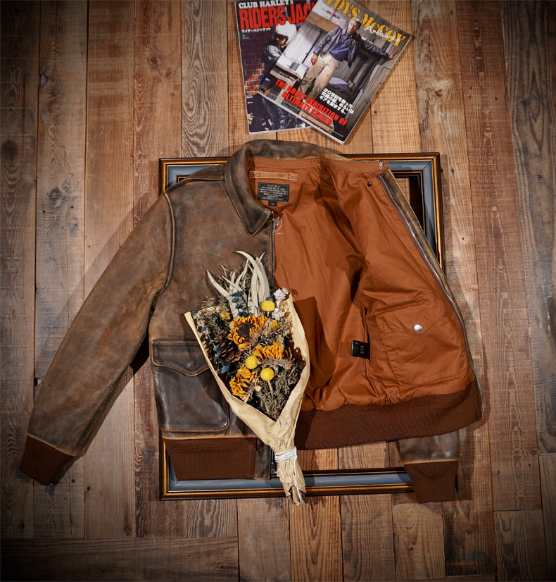 ◆ヴィンテージ復刻 ポリッシュエイジング加工 カウレザー A-2ジャケット◆S~3XL