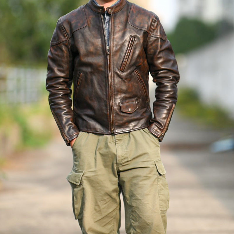 絶妙なヴィンテージ加工 植物タンニン鞣し カウレザー シングルライダース ジャケット M~4XL