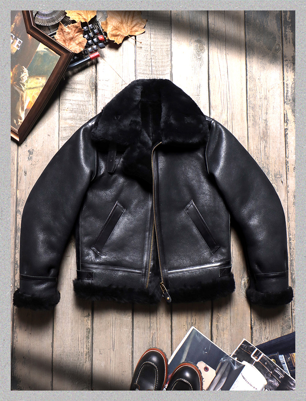 昨シーズン売り切りSALE★ポリッシュ加工ブラックムートン B-3フライトジャケット★S~4XL
