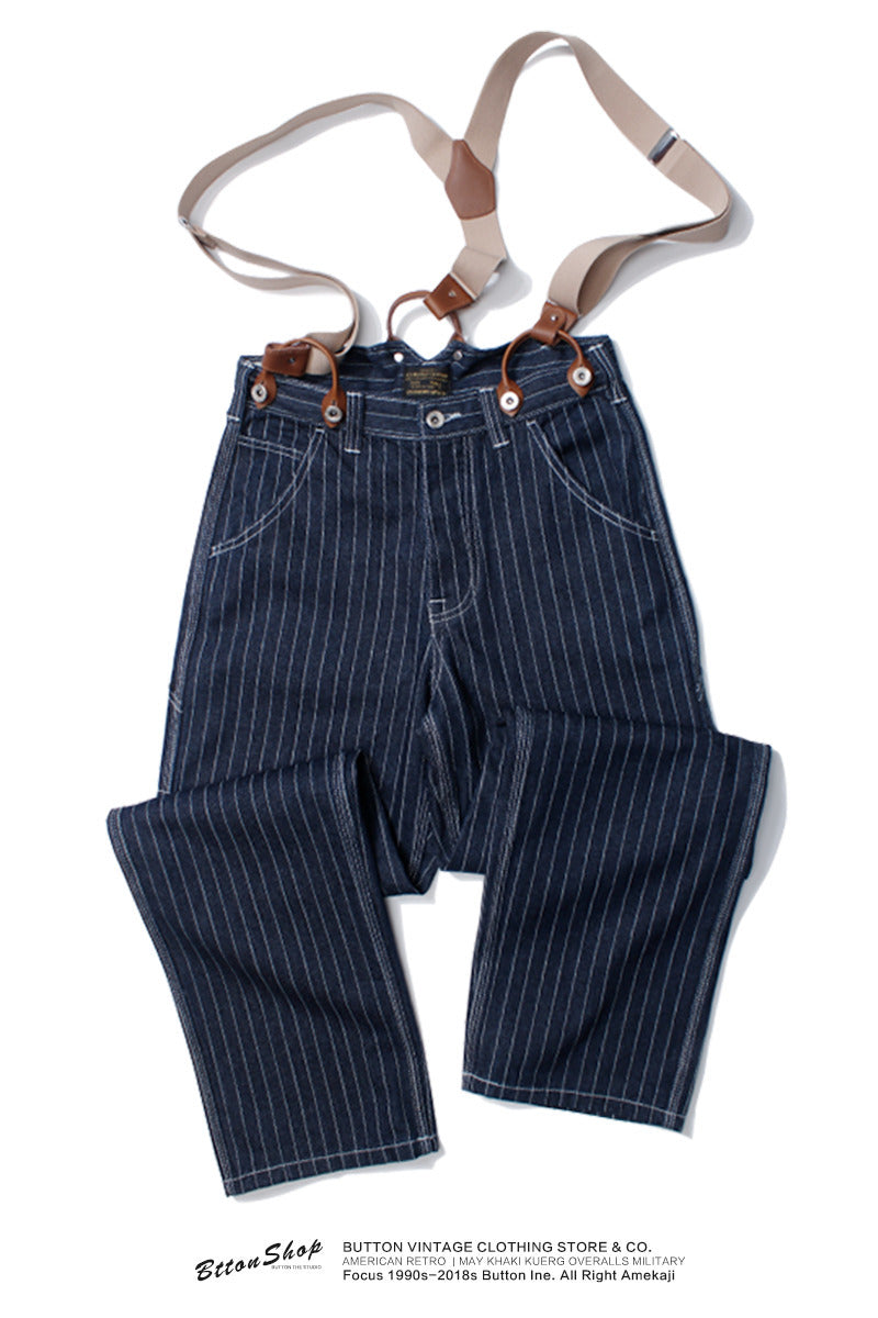 サスペンダー付きでヴィンテージライクな仕上がりに☆13.5OZ デニムストライプジーンズ☆XS~XL