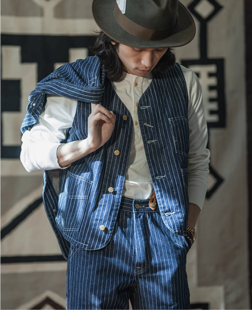 ◇ヴィンテージ復刻WABASH(鉄道員)ストライプデニム ベスト◇S~2XL ◇ヴィンテージ復刻WABASH(鉄道員)ストライプデニム ベスト◇S~2XL