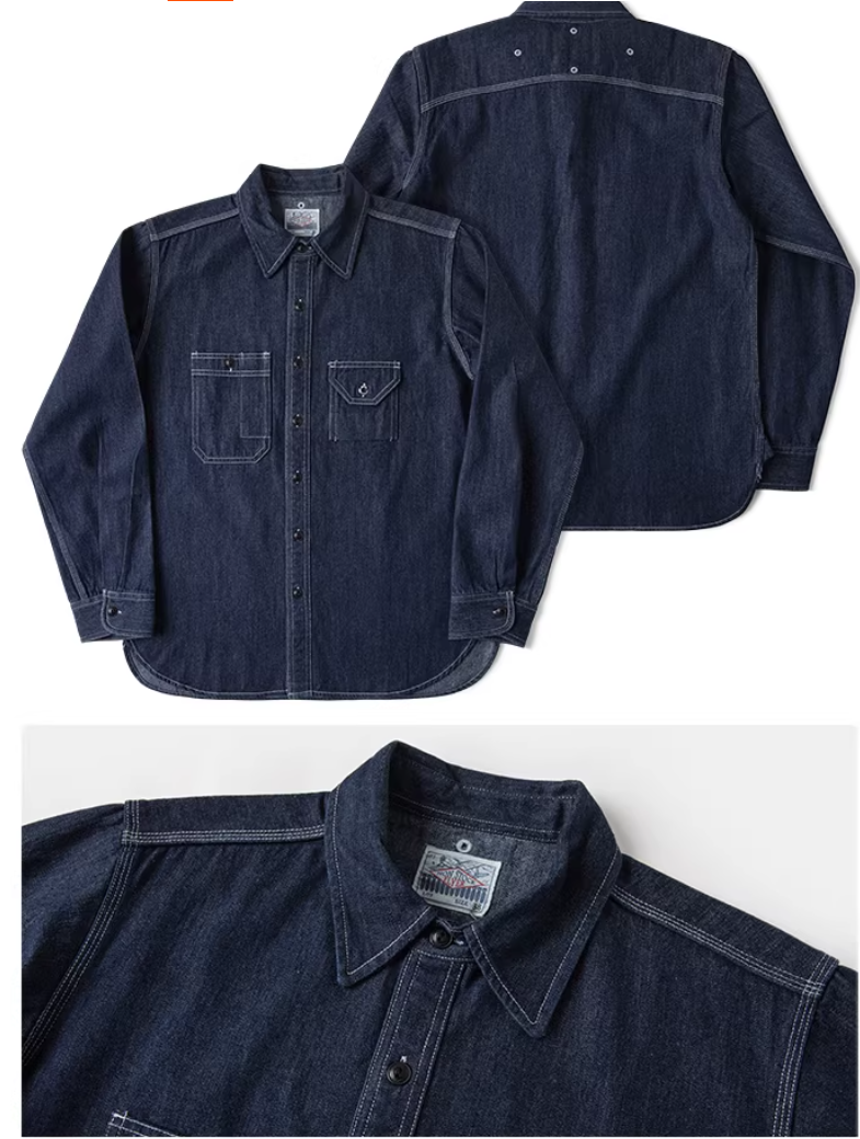 ヴィンテージ30’ｓ 復刻デザイン３本針でしっかり△10.5デニムワークシャツ▽S～2XL