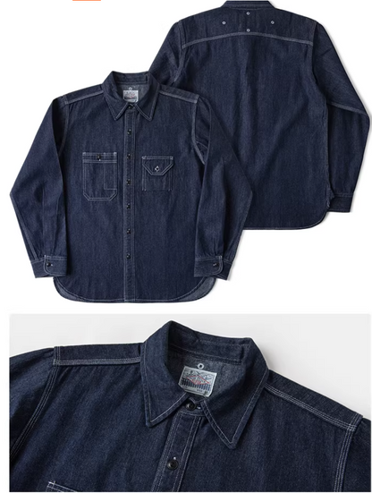 ヴィンテージ30’ｓ 復刻デザイン３本針でしっかり△10.5デニムワークシャツ▽S～2XL