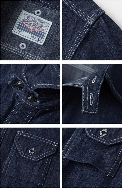 ヴィンテージ30’ｓ 復刻デザイン３本針でしっかり△10.5デニムワークシャツ▽S～2XL