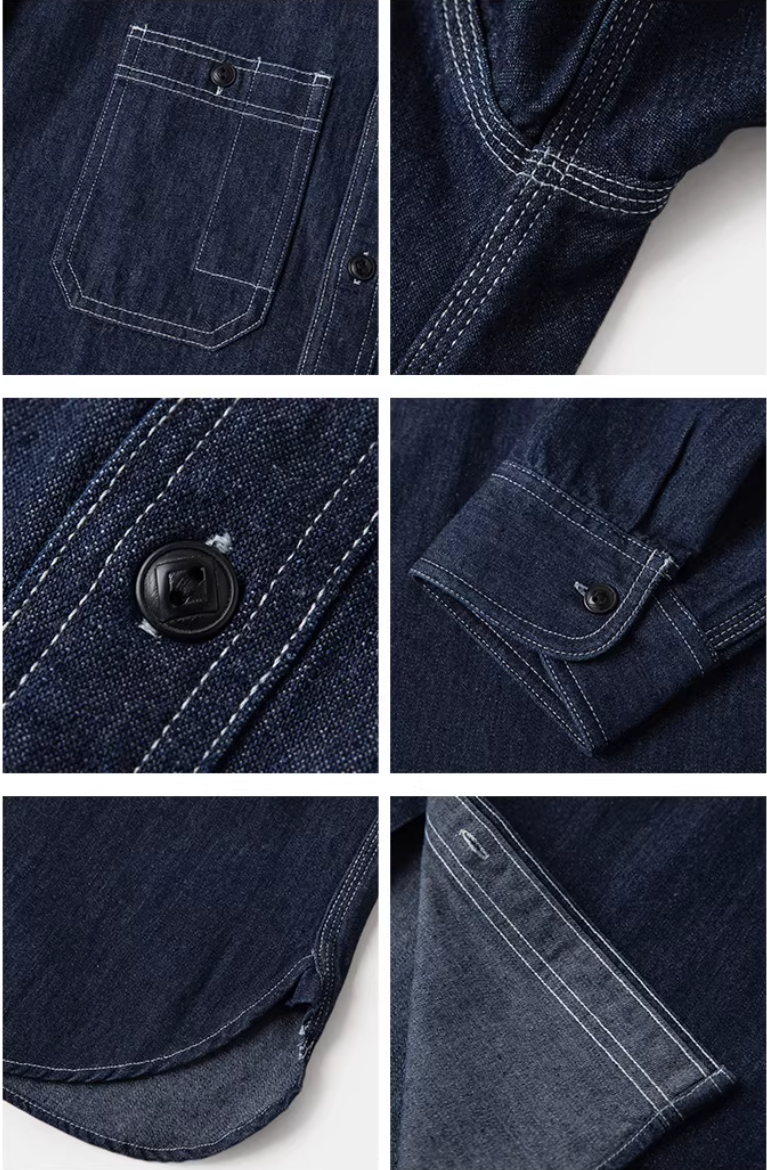 ヴィンテージ30’ｓ 復刻デザイン３本針でしっかり△10.5デニムワークシャツ▽S～2XL