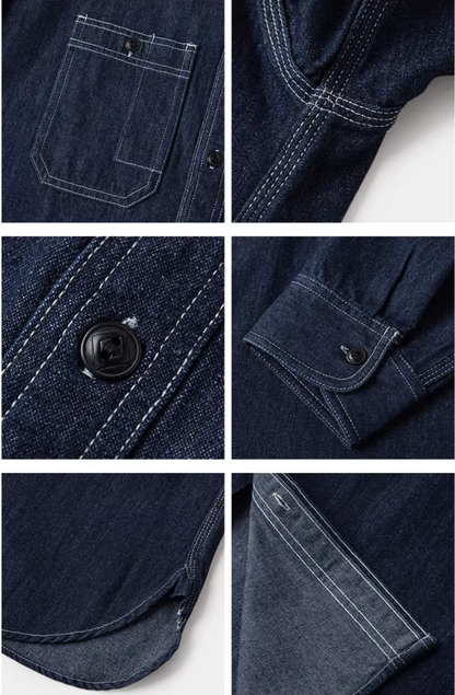 ヴィンテージ30’ｓ 復刻デザイン３本針でしっかり△10.5デニムワークシャツ▽S～2XL