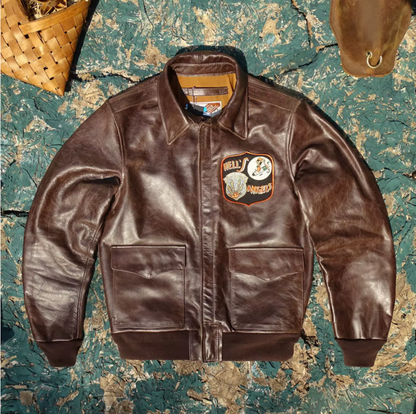 △ヴィンテージ復刻 ワックスコーティング カウレザー A-2ジャケット▽Hell's Angels デザインM～5XL